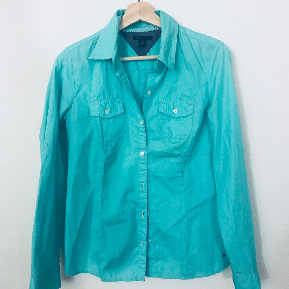 Turquoise button-up shirt!